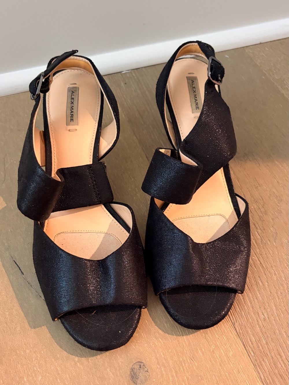 Alex Marie Black Satin Strappy Block Heel Sandals